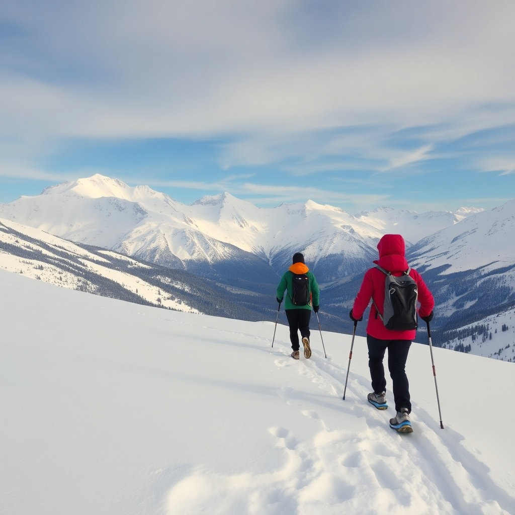 winter hiking and snowshoeing in snowy mountains, marked trails, alpine winter landscape, Switzerland
